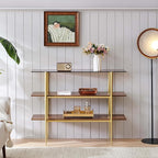 Glass Console Table for Living Room, Foyer & Entryway, L41 x W14 x H31 Inch, 3-Tier Mid-Century Modern Sofa Table with Amber Glass Top, Walnut Finish Wood Shelf and Gold Finish Frame