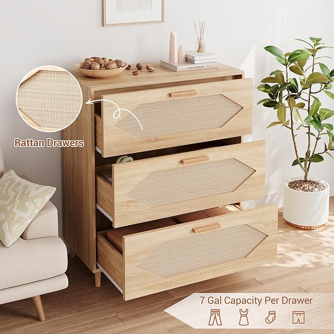 Dressers for Bedroom, 3 Drawer Rattan Dresser with Spacious Storage, Modern Wood Chest of Drawers, Rustic Oak Wooden Nightstand for Bedroom, Living Room, Hallway, Easy Assembly, Closet Organi