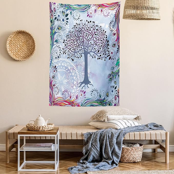 Ambesonne Nature Tapestry, Tree of Life Motif Peacock Feathers Tribal Vintage Prehistoric Flora Illustration, Wall Hanging for Bedroom Living Room Dorm Decor, 40" X 60", Blue