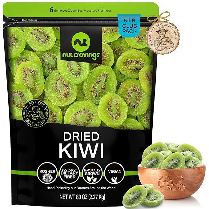 NUT CRAVINGS - Dried Kiwi Slices, Lightly Sweetened (80oz, 5 LB, Bulk) Tu Bishvat Favorite - Sweet Healthy Snack, Vegan, Kosher, Resealable Bag