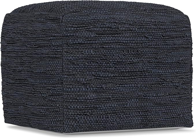 SIMPLIHOME Fredrik Square Pouf - 18 inch Wide Genuine Woven Leather Ottoman in Dark Blue, Boho-Style Footstool or Extra Seating for Living Room or Bedroom with Polystyrene Bead Filling, Assembled