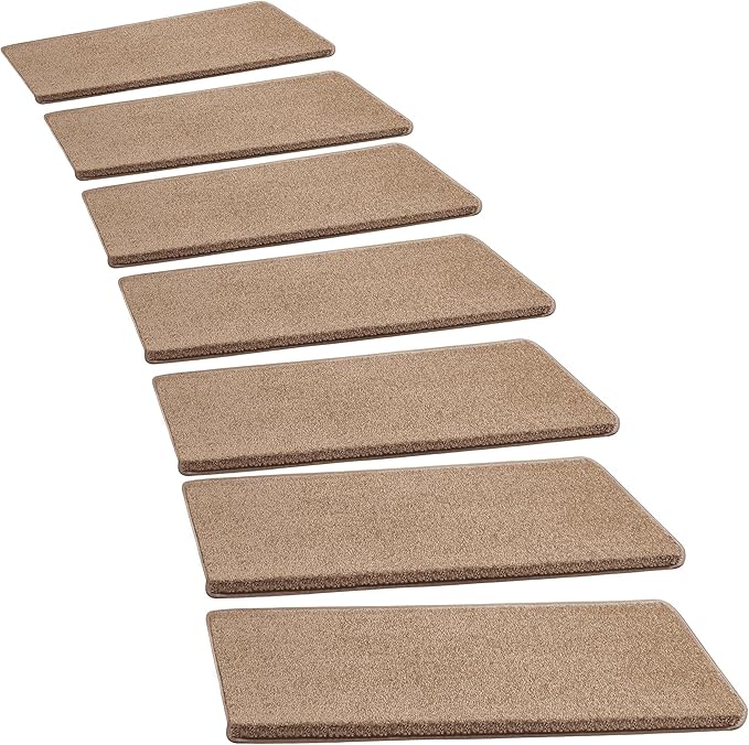 PURE ERA Bullnose Carpet Stair Treads Set Tape Free Non-Slip Indoor Stair Protectors Pet Friendly Rugs Covers Soft Skid Resistant Washable Reusable 9.5" x 30"(7 Pieces, Camel Brown)