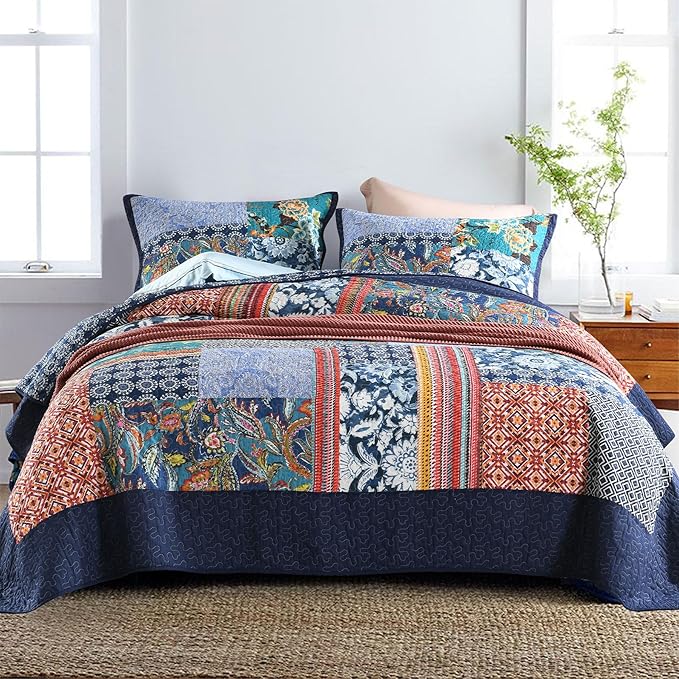 Secgo King Size Comforter Set- 100% Cotton Quilt King Size Set, Navy, Bohemia bedspreads (96 * 108 Inch) with 2 Pillow Shams, Patchwork Reversible Lightweight Bedding