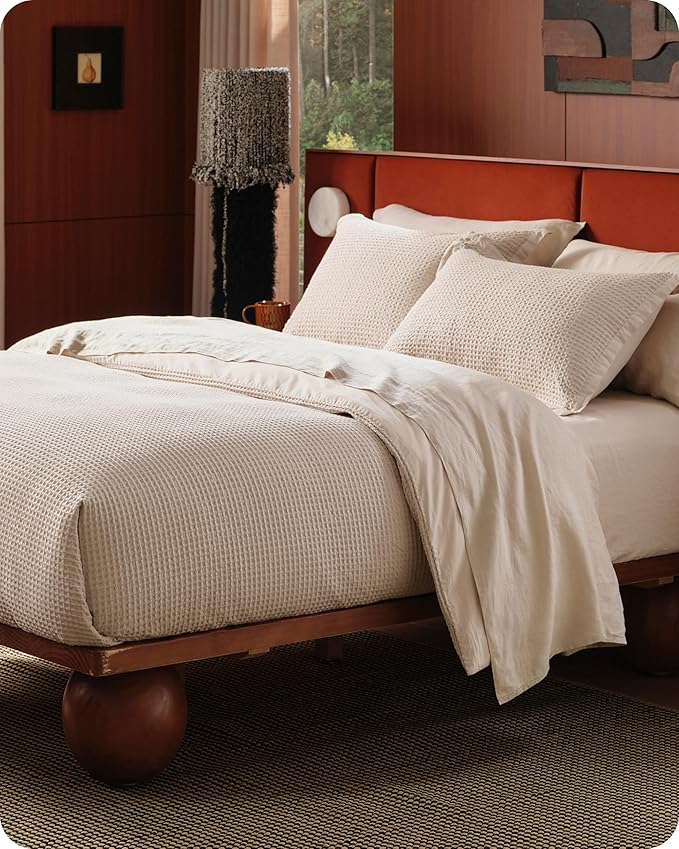 Bedsure Cotton Duvet Cover Set - 100% Cotton Waffle Weave Beige Duvet Cover Oversized King Size, GentleSoft™ and Breathable Bedding Set for All Season, 3 Pieces, 120"x98"