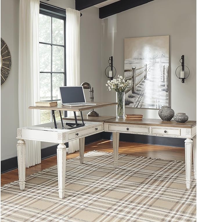 Signature Design by Ashley Realyn Home Office Lift Top Desk, USB Charging, Spring Lift Top, Smooth-gliding Drawer, 60" W x 28" D x 31" H, Chipped White and Brown