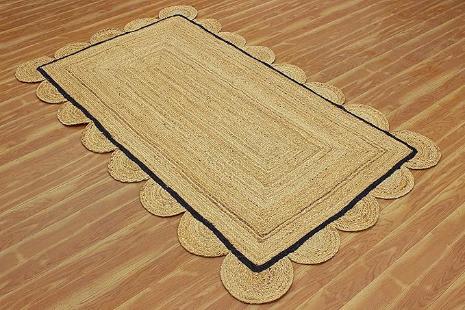 Scalloped Edge Rug, Hand Woven Natural Jute Area Rug, 12x18 Ft Beige & Black Braided Sisal Kilim Rugs for Living Room, Kitchen, Entryway, Farmhouse