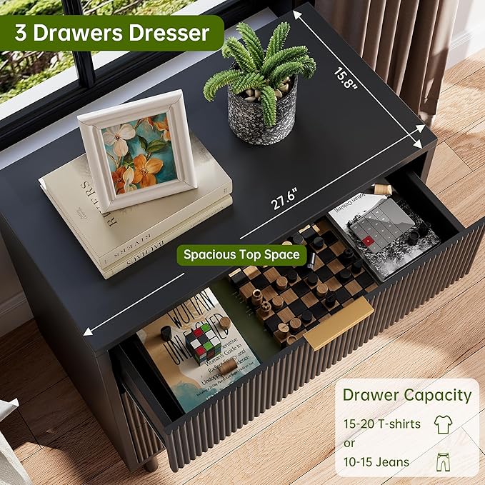 GarveeHome Black Fluted 3 Drawers Dresser, Wide Wood Chest of Drawers, Modern Storage Dresser Chest of Drawers Organizer with Metal Legs and Anti-Tipping Device for Bedroom Living Room