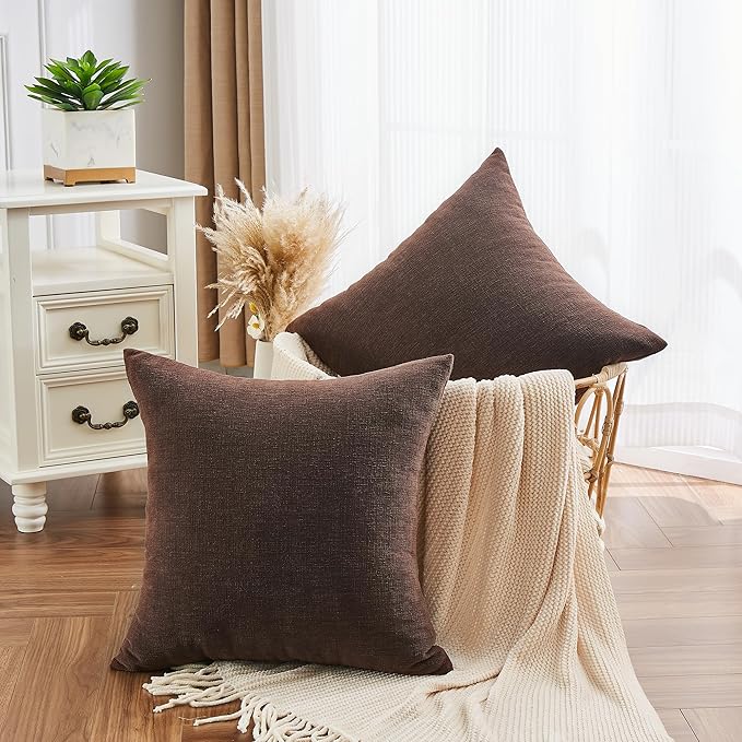 GAWAMAY Decorative Chenille Throw Pillow Covers 24x24 Inch Pack of 2, Soft Square Couch Pillow Cover for Sofa Cushion Living Room Bedroom Solid Dyed Pillowcases Coffee 60x60cm (ONLY Covers)