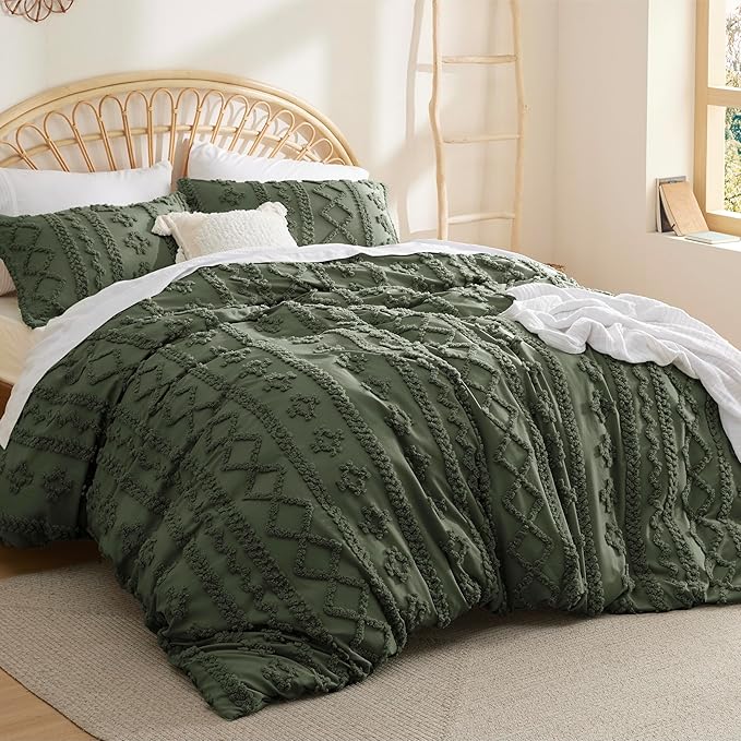 Bedsure Boho Twin Duvet Cover, Soft & Comfortable Elegant Design Boho Bedding for Decoration, Machine Washable Comforter Cover for All Seasons,Includes 1 Duvet Cover & 1 Pillow Sham,Olive Green