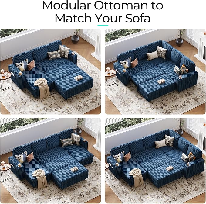 LINSY HOME Sectional Sleeper Sofa Storage Ottoman Bench, Convertible Coffee Table Plush Corduroy Couch Ottoman Footstool for Living Room, Bedroom Entryway and Family Room, Blue