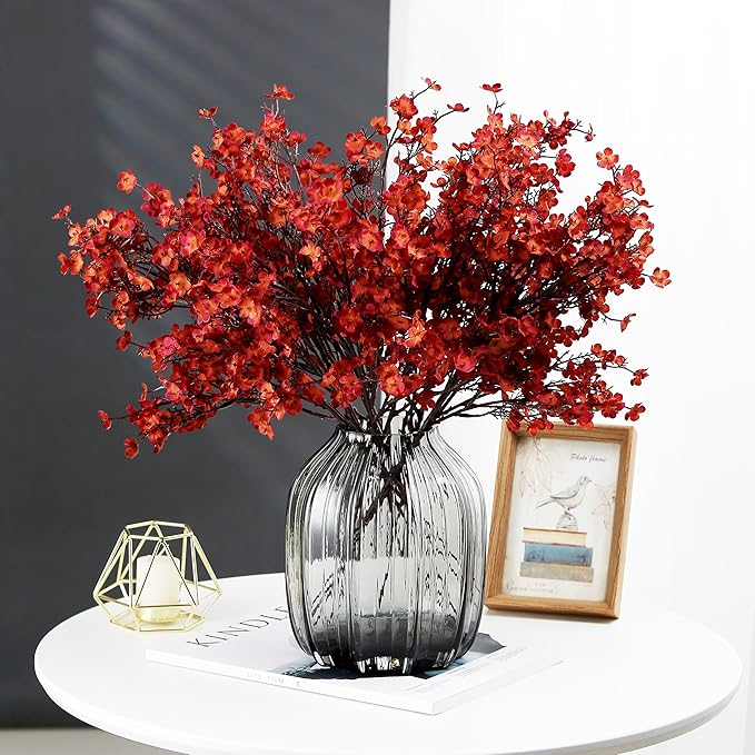 JAKY-Global Babys Breath Silk Artificial Flowers Bulk 12pcs for Fall Decor Fake Flower Bouquet Bulk for Home Kitchen Indoor Bouquet Floral Arrangement Table Centerpieces Party Decor(Burnt Red Brown)