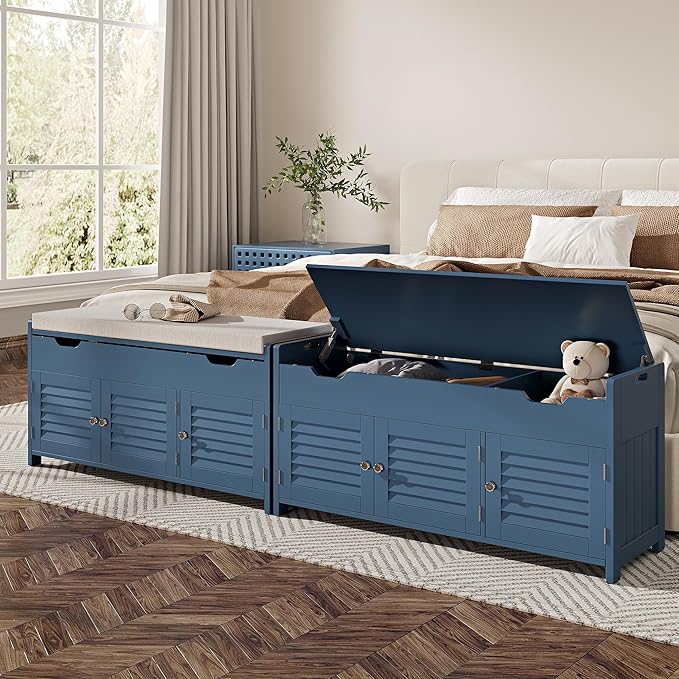 ChooChoo 41.3" Shoe Storage Bench with Lift Top Storage, Entryway Bench with Cushioned Seat, Adjustable Shelf, Shoe Cabinet with Hidden Space, for Entryway, Bedroom, Living Room, Blue