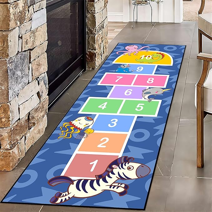 Hopscotch Carpet for Bedroom, 4x10ft, Zebra Jellyfish Animal Print Indoor Throw Rug, Cartoon Blue Runner Rug for Kids Room, Thin Low Pile Breathable Non Slip Rugs for Classroom Playroom