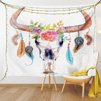 Ambesonne Feather Tapestry, Watercolor Style Bull Skull Ornaments Vibrant Image, Fabric Wall Hanging Decor for Bedroom Living Room Dorm, 28" X 23", White Brown
