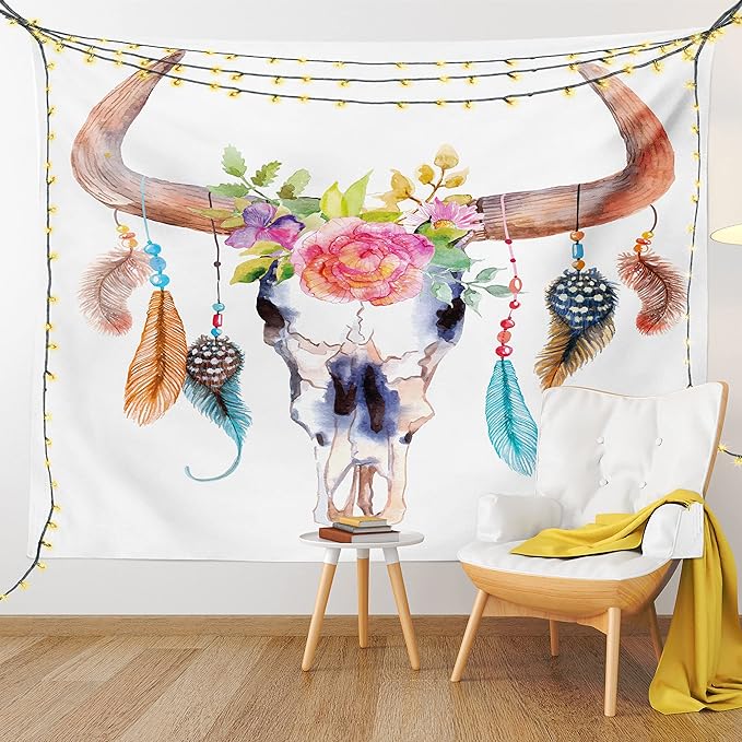Ambesonne Feather Tapestry, Watercolor Style Bull Skull Ornaments Vibrant Image, Fabric Wall Hanging Decor for Bedroom Living Room Dorm, 45" X 30", White Brown