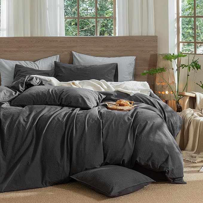 MooMee Wavy Striped Duvet Cover Set 100% Washed Cotton Linen Like Textured Breathable Durable Soft Comfy (Charocal Grey, Queen 90"x90")