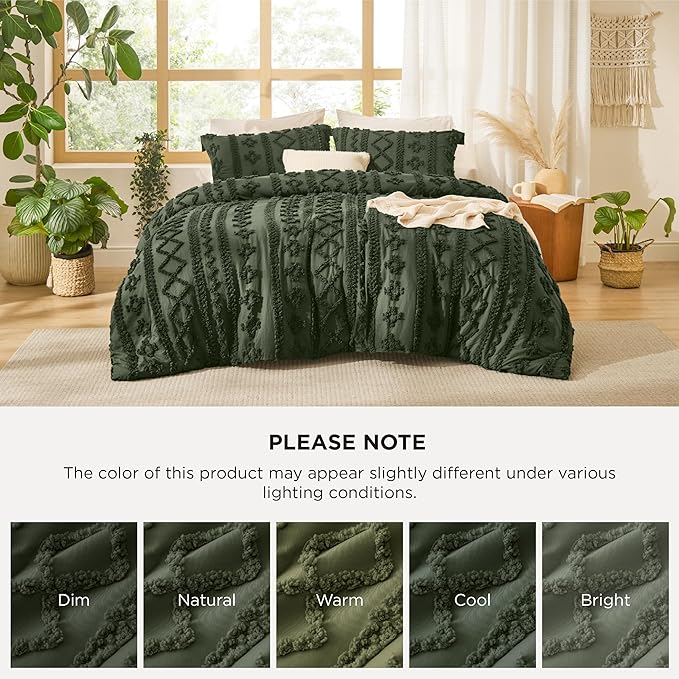 Bedsure Tufted Boho Comforter Set Twin Size - Olive Green Boho Bed Set, GentleSoft™ 2 Pieces Farmhouse Shabby Chic Embroidery Bedding, Gifts for Woman, Soft Jacquard Twin Comforter for All Seasons