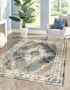 MICRODRY Area Rug, Low-Profile Design for Sleek, Bulk-Free Look. Machine Washable, Stain-Resistant, Skid-Resistant Backing, Ideal for Bedroom, Living Room, Kitchen, Entryway, 8x10, Inez (Cream/Blue)