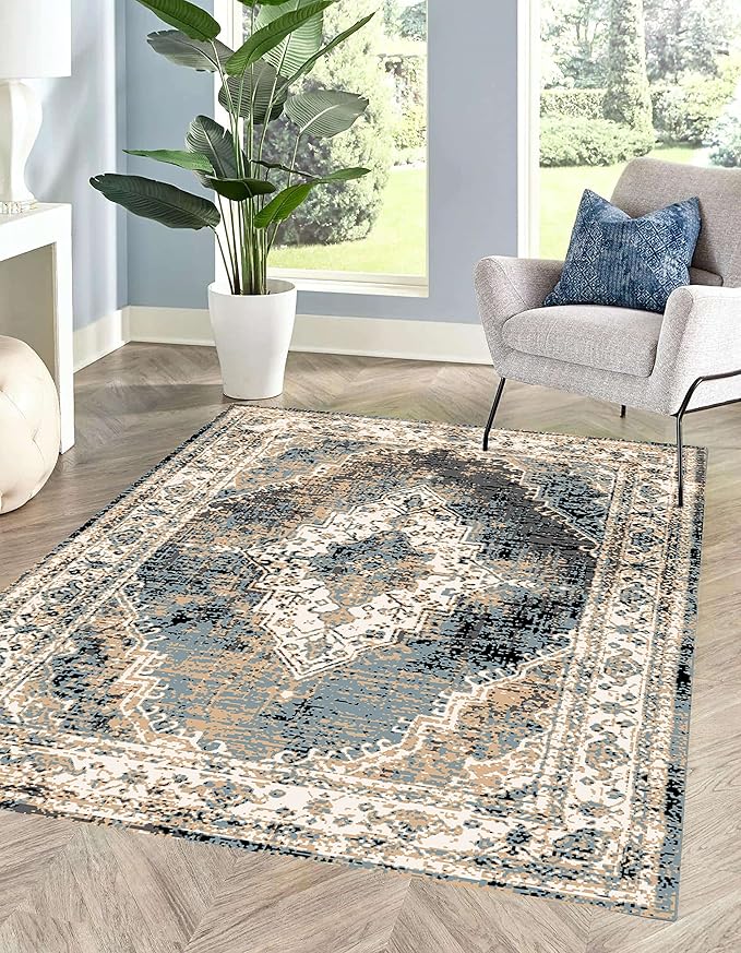 MICRODRY Area Rug, Low-Profile Design for Sleek, Bulk-Free Look. Machine Washable, Stain-Resistant, Skid-Resistant Backing, Ideal for Bedroom, Living Room, Kitchen, Entryway, 8x10, Inez (Cream/Blue)