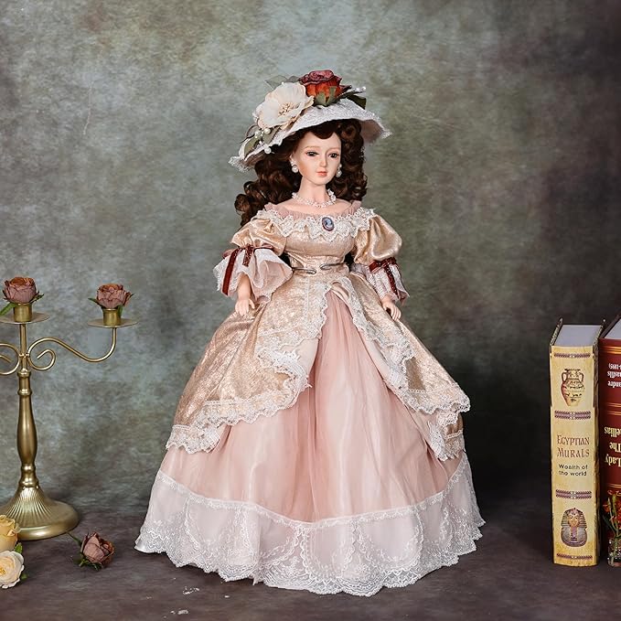 22 Inch 55cm Porcelain ＆ Fabric Victoria Doll, European Retro Handmade Ceramic Doll with Showing Stand for Room Decor, Birthday Gifts, Collectible，Name Lenore