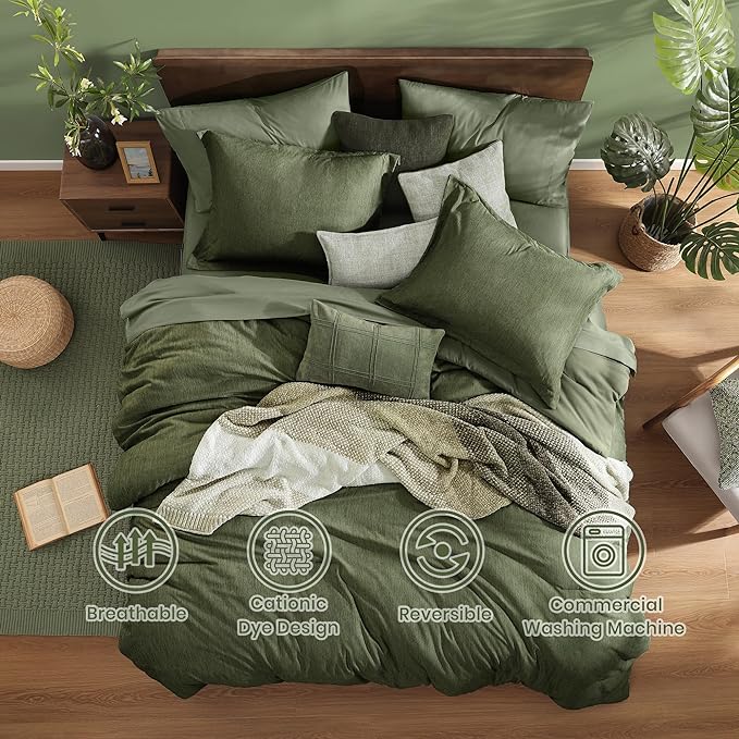 Monbix Oversized King Comforter Set - 7 Pieces Cationic Dyeing Olive Green Bed in a Bag Bed Sets with Comforter, Sheets, Pillowcases & Shams, Reversible Bedding Comforters Sets (120 * 98)