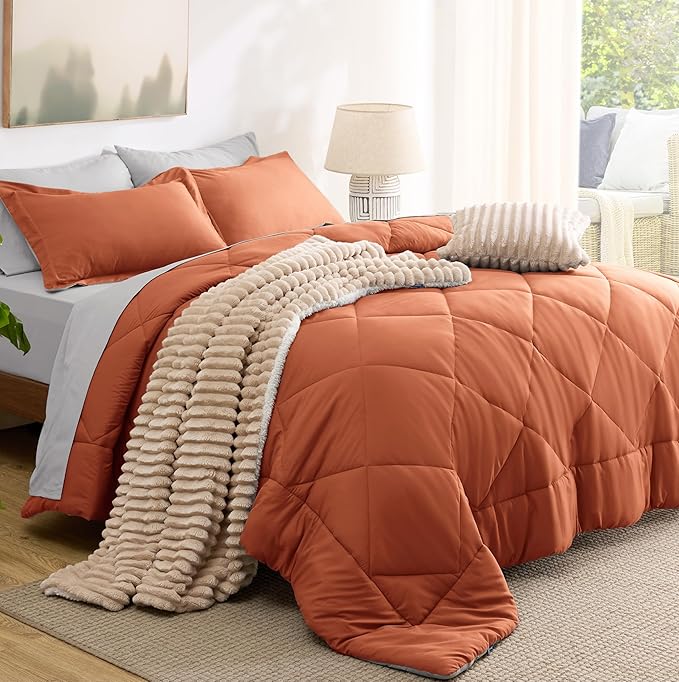 Bedsure Queen Comforter Set - 7 Pieces Reversible Burnt Orange Bedding, Queen Size Bed Set for All Seasons, Bed in a Bag with Down Alternative Comforter, Sheets, Pillowcases & Shams
