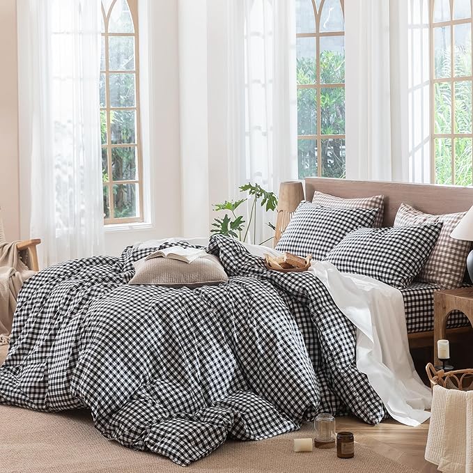 MooMee Gingham Duvet Cover Set 100% Washed Cotton Linen Like Textured Breathable Durable Soft Comfy Modern Checkered Design (Black White Gingham, Oversized Queen 98"x98")
