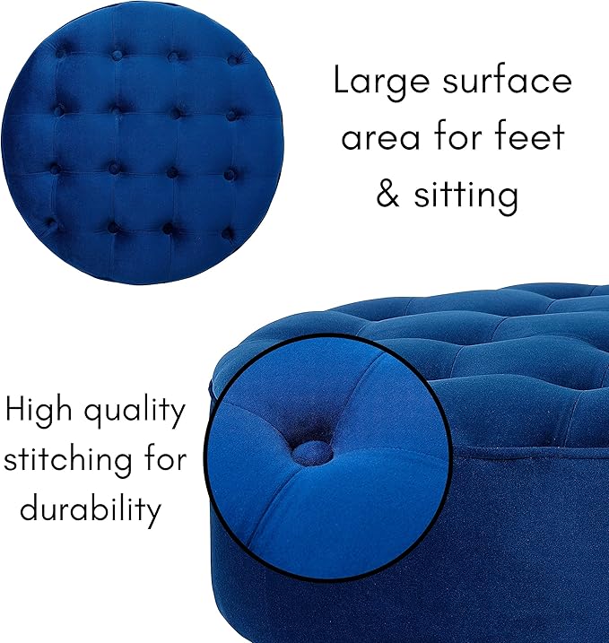 BIRDROCK HOME Tufted Round Ottoman - Velvet Footrest with Cushion and Mid-Century Modern Steel Legs - Ideal for Living Room, Bedroom, or Office Seating - Soft, Compact Decorative Footstool - Navy