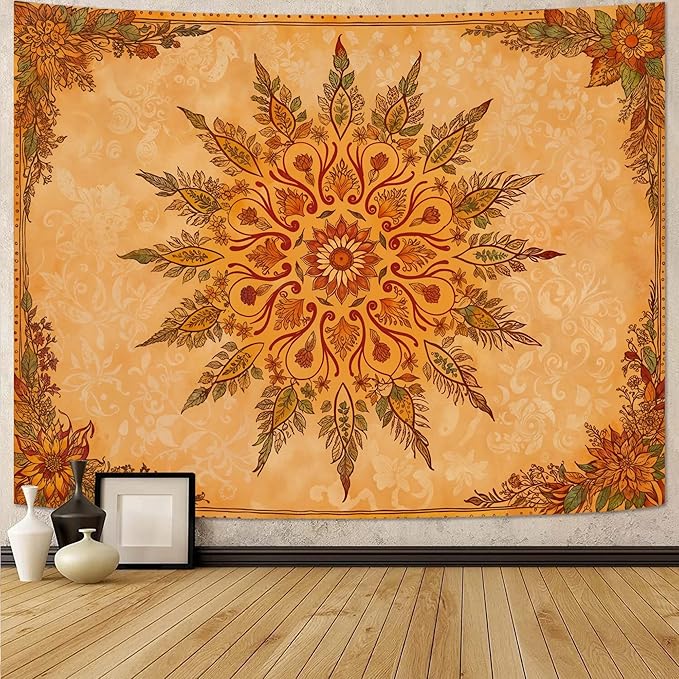 Accnicc Boho Mandala Floral Tapestry Vintage Bohemian Indian Tapestries for Bedroom Aesthetic Retro Orange Yellow Flower Large Tapestry Wall Hanging for Dorm Living Room Decor 80 x 60 Inch