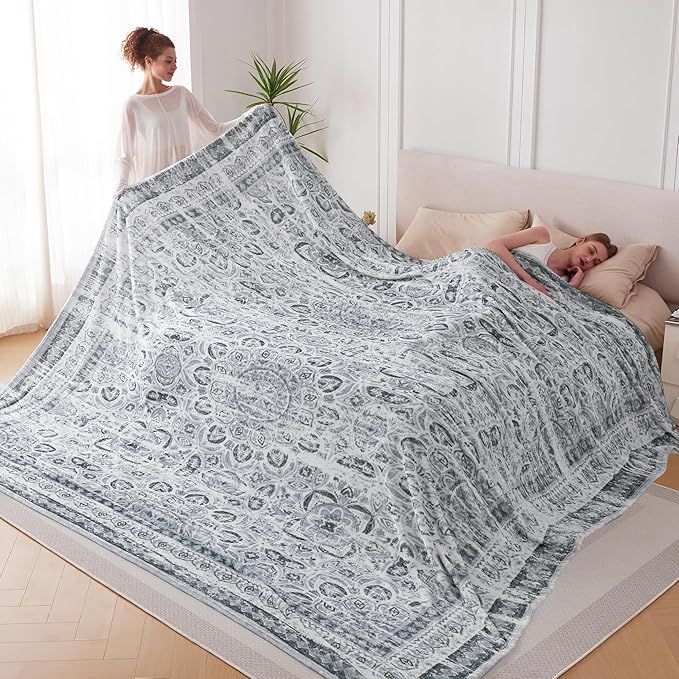 Oversized Vintage Pattern Blanket 120x120 Inches, Giant 10'x10' for Bed, Travel, and Camping, Extra Large Soft Blanket for The Whole Family and Outdoor, Grey