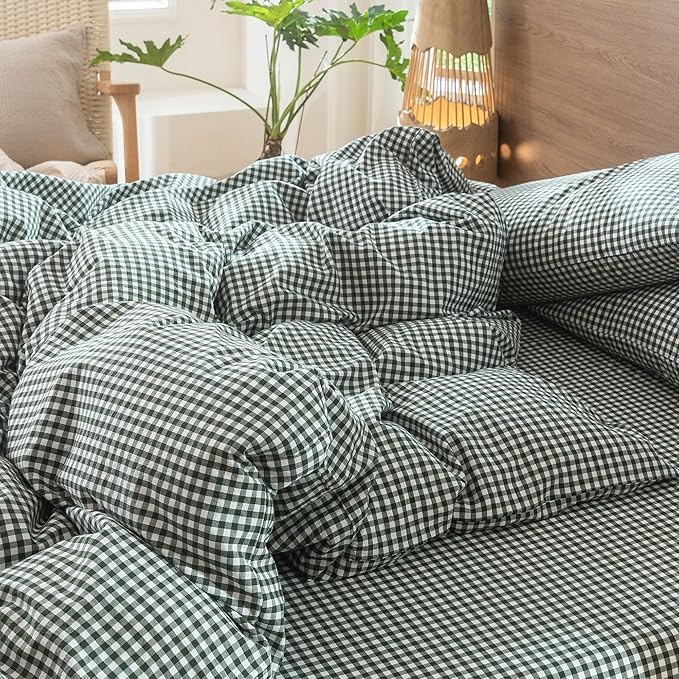 MooMee Gingham Duvet Cover Set 100% Washed Cotton Linen Like Textured Breathable Durable Soft Comfy Modern Checkered Design (Mini Gingham Forest Green, Queen 90"x90")