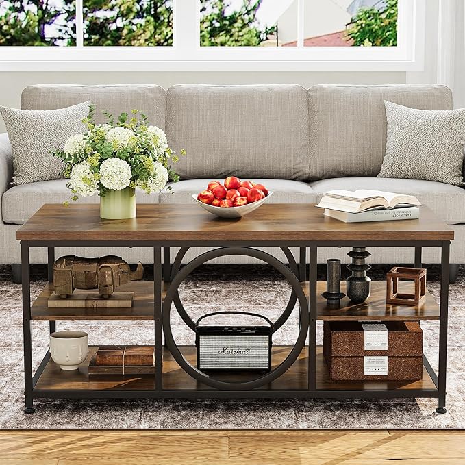 Coffee Table for Living Room 47" Center Table with Round Middle Design 3-Tier Farmhouse Style Rustic Wood Coffee Table with Storage Open Shelf Space Saving Easy Assembly