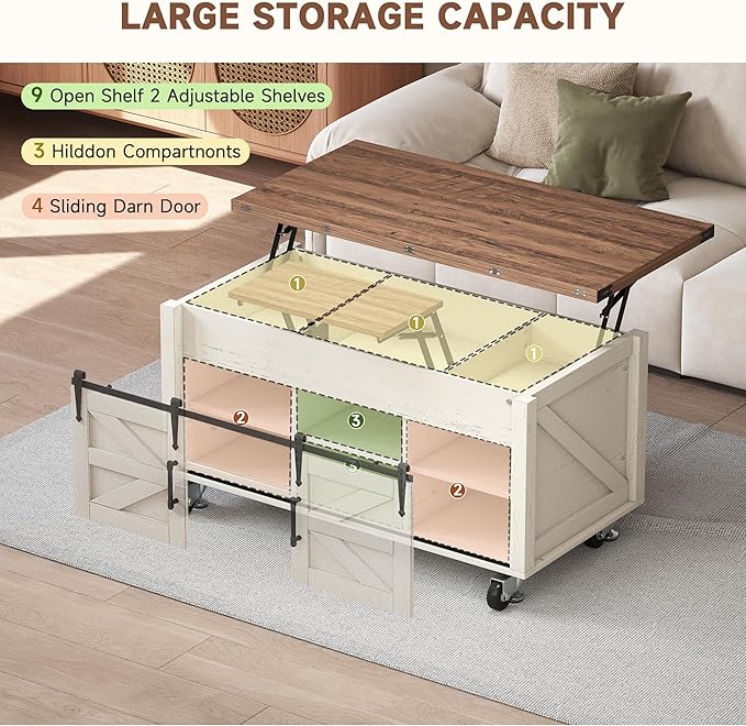 40” Farmhouse Coffee Table Bilateral Lift Top with Sliding Barn Door Movable Rustic Square Center Table with Large Hidden Storage Compartment Lifting Tabletop for Home Living Room,Office (White)