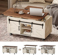 40” Farmhouse Coffee Table Bilateral Lift Top with Sliding Barn Door Movable Rustic Square Center Table with Large Hidden Storage Compartment Lifting Tabletop for Home Living Room,Office (White)