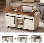 40” Farmhouse Coffee Table Bilateral Lift Top with Sliding Barn Door Movable Rustic Square Center Table with Large Hidden Storage Compartment Lifting Tabletop for Home Living Room,Office (White)