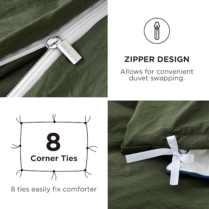 Bedsure Duvet Cover Queen Size with Fitted Sheet - 4 Pieces Prewashed Cotton-Like Extra Soft Bedding Set, Includes 1 Duvet Cover 90x90 Inches, 2 Pillow Shams, 1 Fitted Sheet, Olive Green