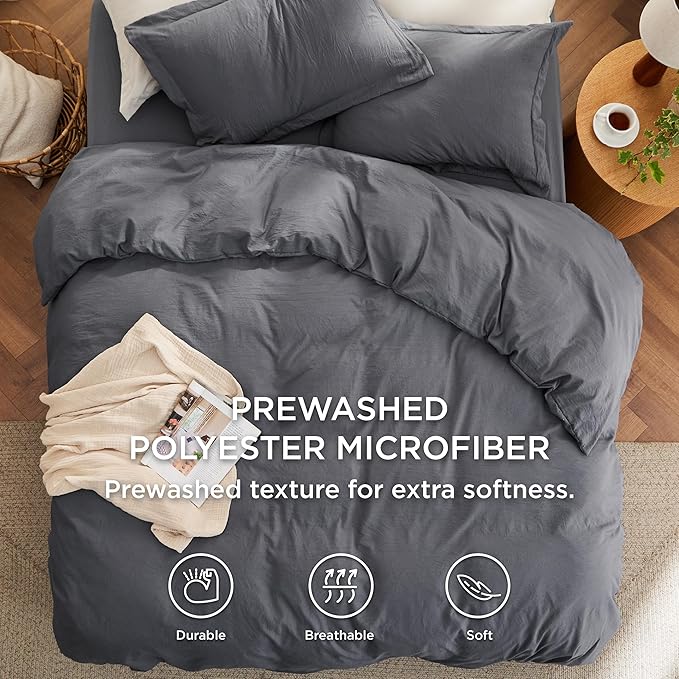 Bedsure California King Size Duvet Cover with Fitted Sheet - 4 Pieces Prewashed Cotton-Like Extra Soft Bedding Set, Includes 1 Duvet Cover 104x98 Inches, 2 Pillow Shams, 1 Fitted Sheet, Dark Grey