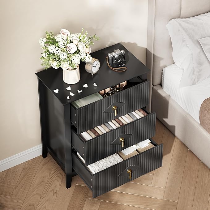 GarveeHome 2Pcs Wood Nightstand Fluted Dresser for Bedroom, 27.5" Wide 3-Drawer Bedside Tables, Modern Chest of Drawers, Storage End Table Living Room, Hallway, Entryway, Black