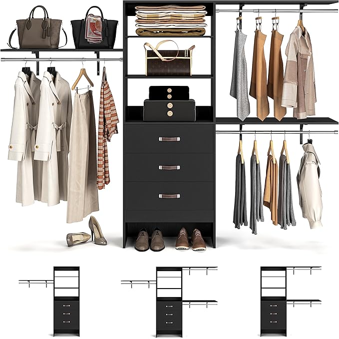 Armocity 96 Inches Closet System, 8FT Walk In Closet Organizer with 3 Shelving Towers, Heavy Duty Clothes Rack with 3 Drawers, Built-In Garment Rack, 96" L x 16" W x 75" H, Max Load 1000 LBS, Black