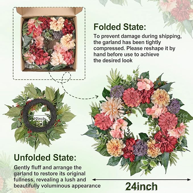24-Inch Spring Wreath for Front Door with Hydrangeas Dahlias Daisy Silk Flowers and Berry Greenery for All Seasons Indoor Outdoor Wedding Farmhouse Porch Wall Living Room Home Wedding Decor