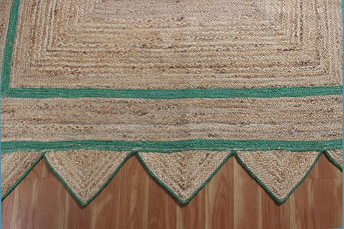 Scalloped Jute Rug, Hand Woven Runner Area Rug, 3x20 Ft Beige & Green Braided Natural Sisal Kilim Rugs for Living Room, Kitchen, Entryway, Farmhouse