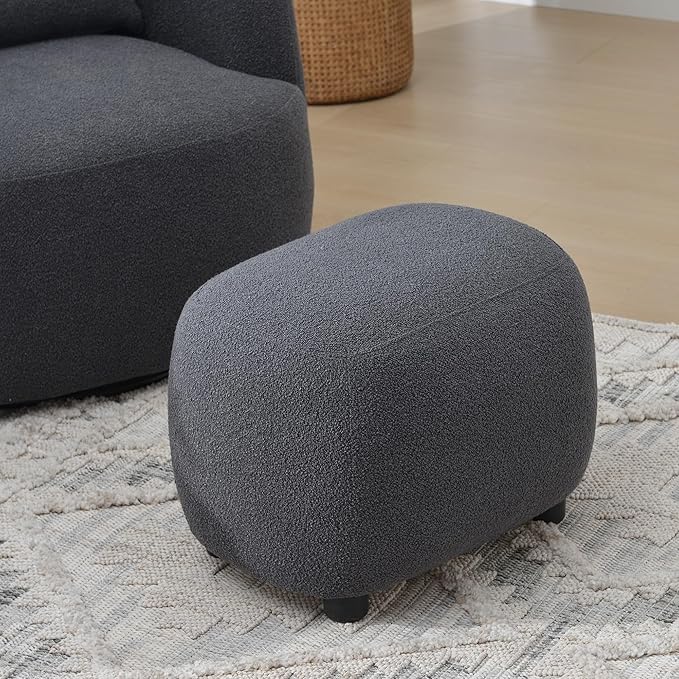 KINWELL Round Boucle Upholstered Ottoman Chair, Footstool with Soft Padded Seat, Fully Assembled Modern Sofa Couch Footrest, Extra Seating for Bedroom Entryway, Dark Gray(18.5" D x 23" W x 16.5" H)