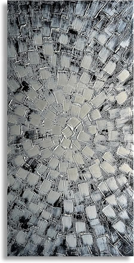 Extra Large Wall Art Abstract Black Silver Squares Canvas Art Hand Painted 3D Textured Oil Painting on Canvas Framed Ready to Hang by Horizontal and Vertical 60x30inch