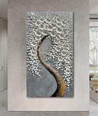100% Hand-Painted 3D White Vertical Abstract Flower Tree Painting, Canvas Texture Mural, Living Room, Bedroom, Dining Room Mural 24x48 inchs