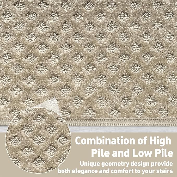 PURE ERA Bullnose Carpet Stair Treads Tape Free Non-Slip Indoor Stair Protectors Pet Friendly Stair Treads for Wooden Steps 9.5" x 30"(14 Pieces,Cream Gray Mini-Diamond Trellis)
