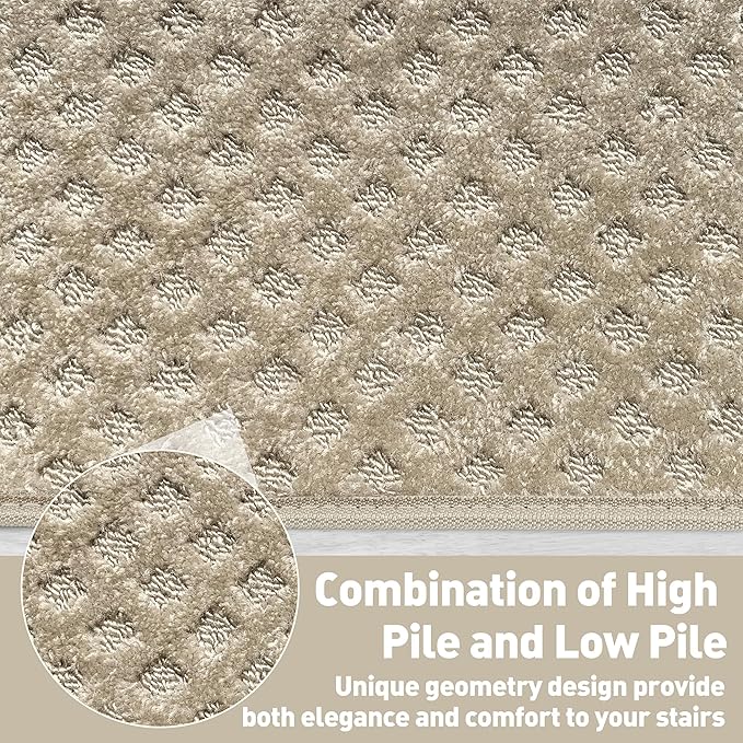PURE ERA Bullnose Carpet Stair Treads Tape Free Non-Slip Indoor Stair Protectors Pet Friendly Stair Treads for Wooden Steps 9.5" x 30"(2 Pieces,Cream Gray Mini-Diamond Trellis)