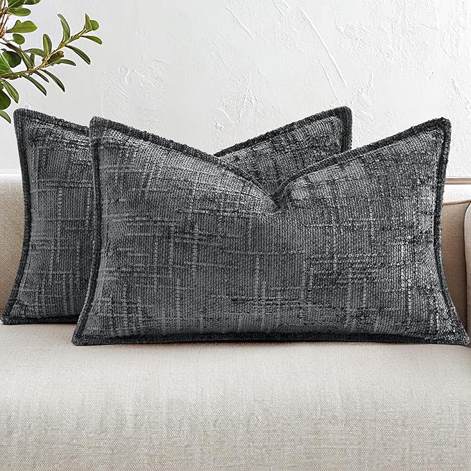 decorUhome Chenille Throw Pillow Covers 12x20 Set of 2, Thick Textured Slubby Neutral Decorative Pillow Covers with Elegant Design for Couch, Sofa, Living Room, Dark Grey