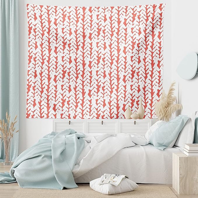 Ambesonne Coral Tapestry Twin Size, Hand Painted Braids Vertical Pattern Bohemian Hipster Fashion Chevron Art, Wall Hanging Bedspread Bed Cover Wall Decor, 68" X 88", White Coral