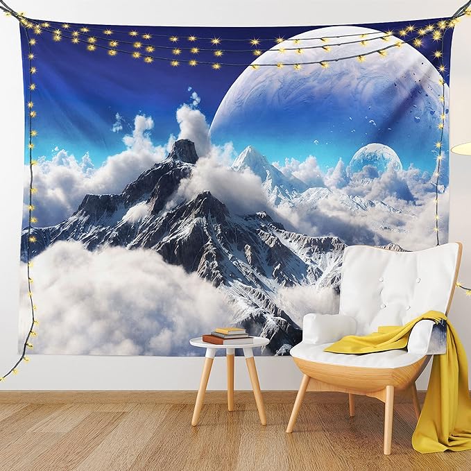 Ambesonne Fantasy Tapestry, Celestial View of Snow Capped Mountains and Alien Planet Print, Fabric Wall Hanging Decor for Bedroom Living Room Dorm, 23" X 28", White and Navy Blue