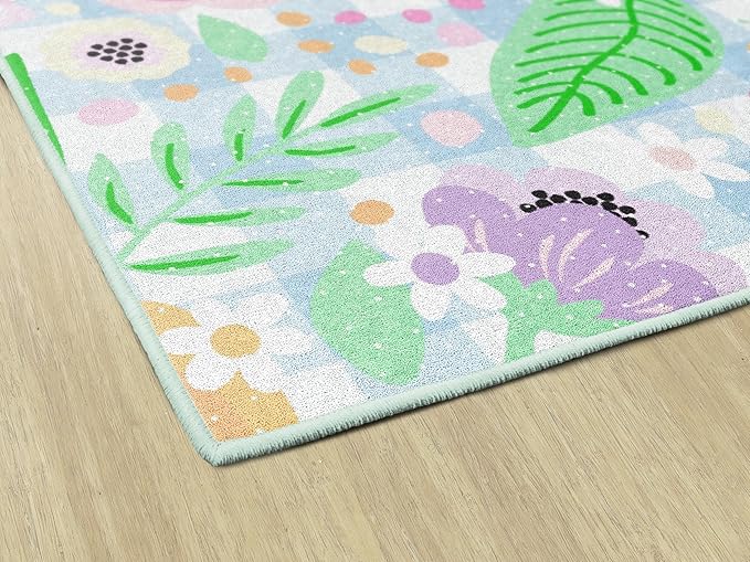 Flagship Carpets Schoolgirl Style Pretty in Pastel Floral On Gingham Educational Area Rug for Kids Room, Children's Classroom Rug for Teaching and Playroom, 7'6" X 12'